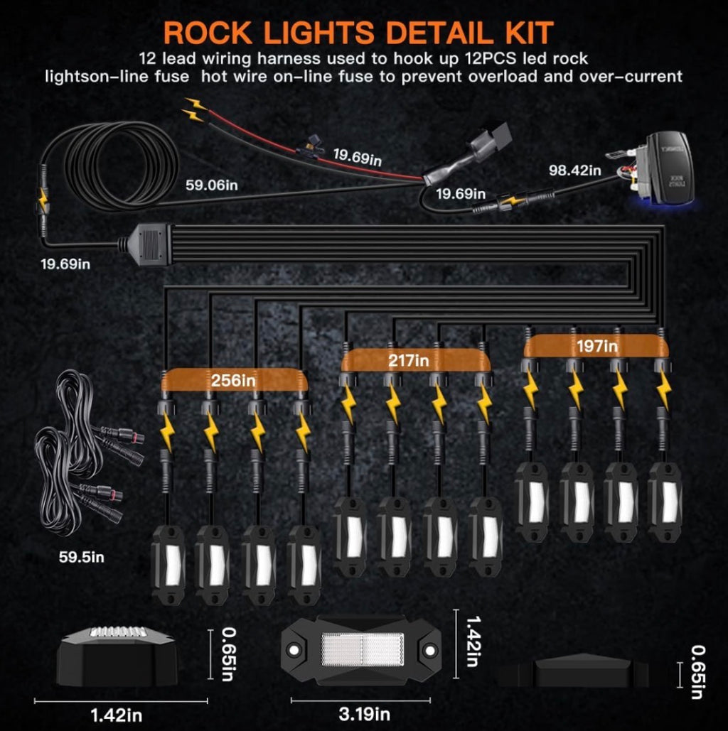 LEDMIRCY R2 Pure White Rock Lights Kit with Rocker Switch Wire Harness 12PCS