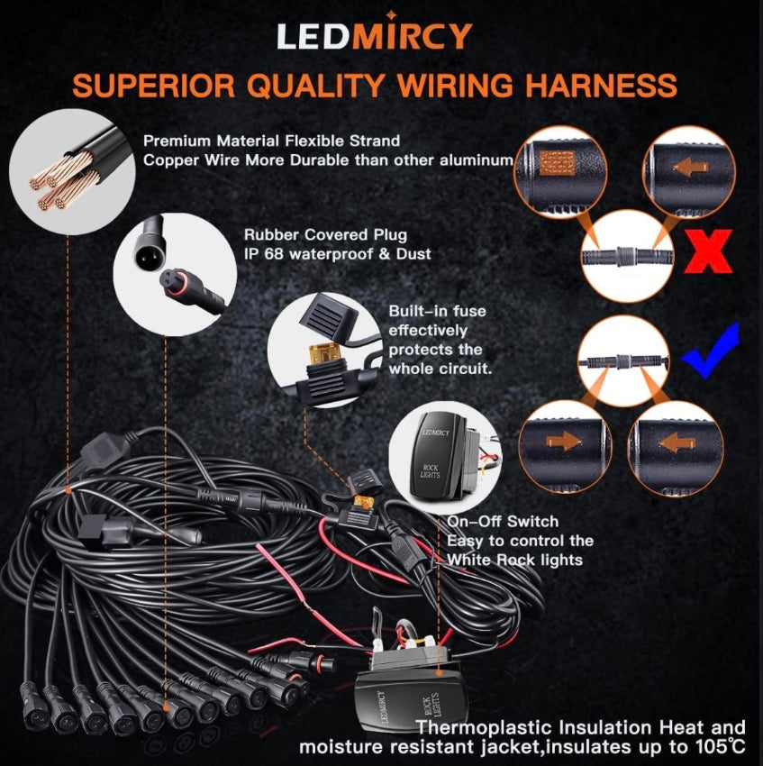 R1 Pure White LED Rock Lights Kit with Rocker Switch Wire Harness 12PCS