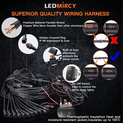 R1 Pure White LED Rock Lights Kit with Rocker Switch Wire Harness 12PCS