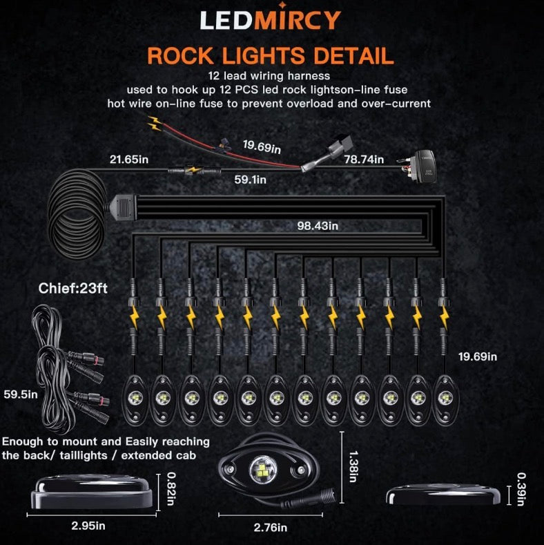 R1 Pure White LED Rock Lights Kit with Rocker Switch Wire Harness 12PCS
