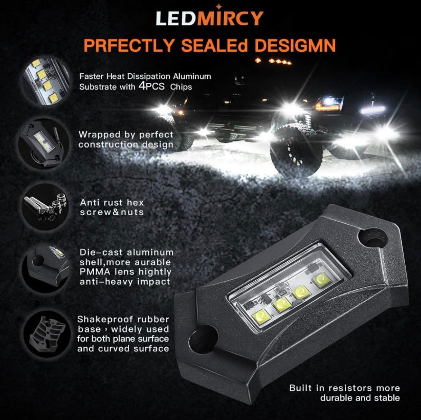 LEDMIRCY R3 Pure White Rock Lights Kit with Rocker Switch Wire Harness 12PCS