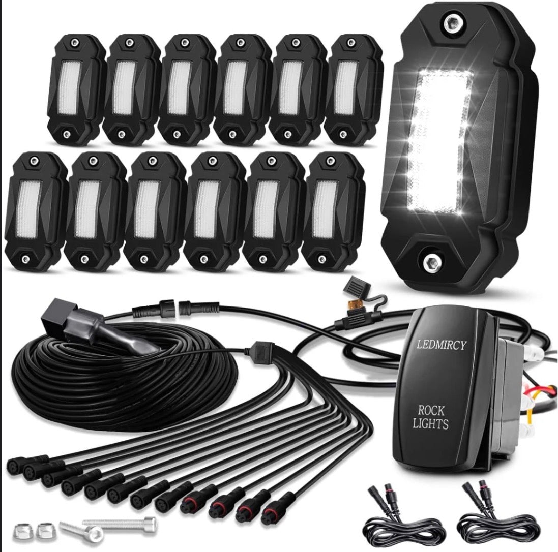 LEDMIRCY R2 Pure White Rock Lights Kit with Rocker Switch Wire Harness 12PCS