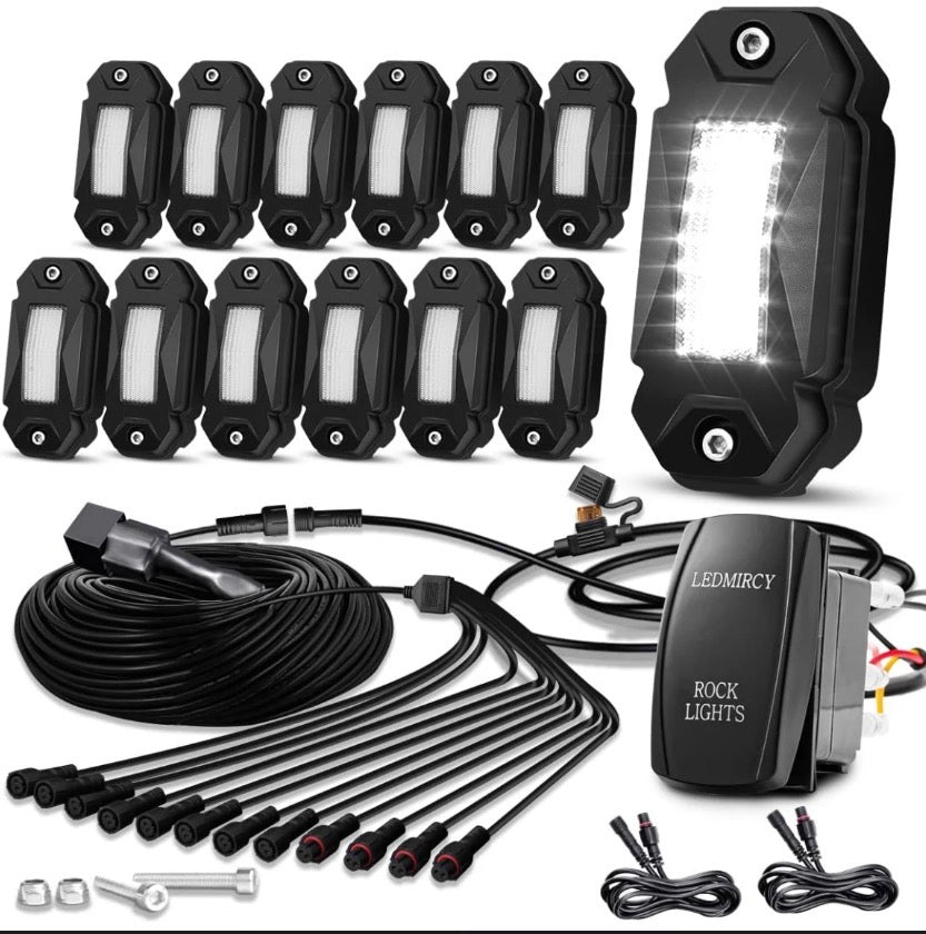 LEDMIRCY R2 Pure White Rock Lights Kit with Rocker Switch Wire Harness 12PCS