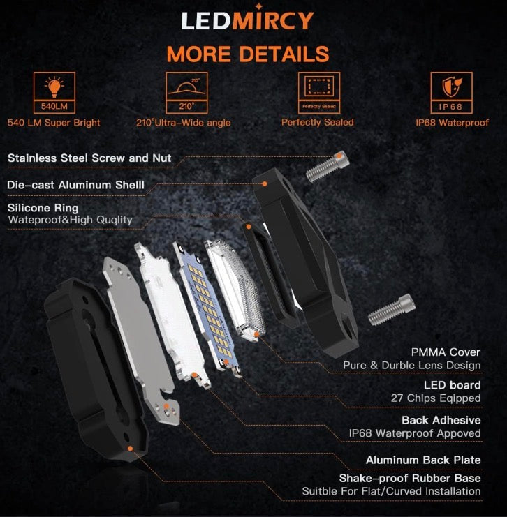 LEDMIRCY R2 Pure White Rock Lights Kit with Rocker Switch Wire Harness 12PCS