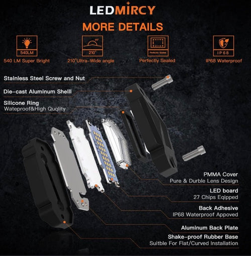 LEDMIRCY R2 Pure White Rock Lights Kit with Rocker Switch Wire Harness 12PCS