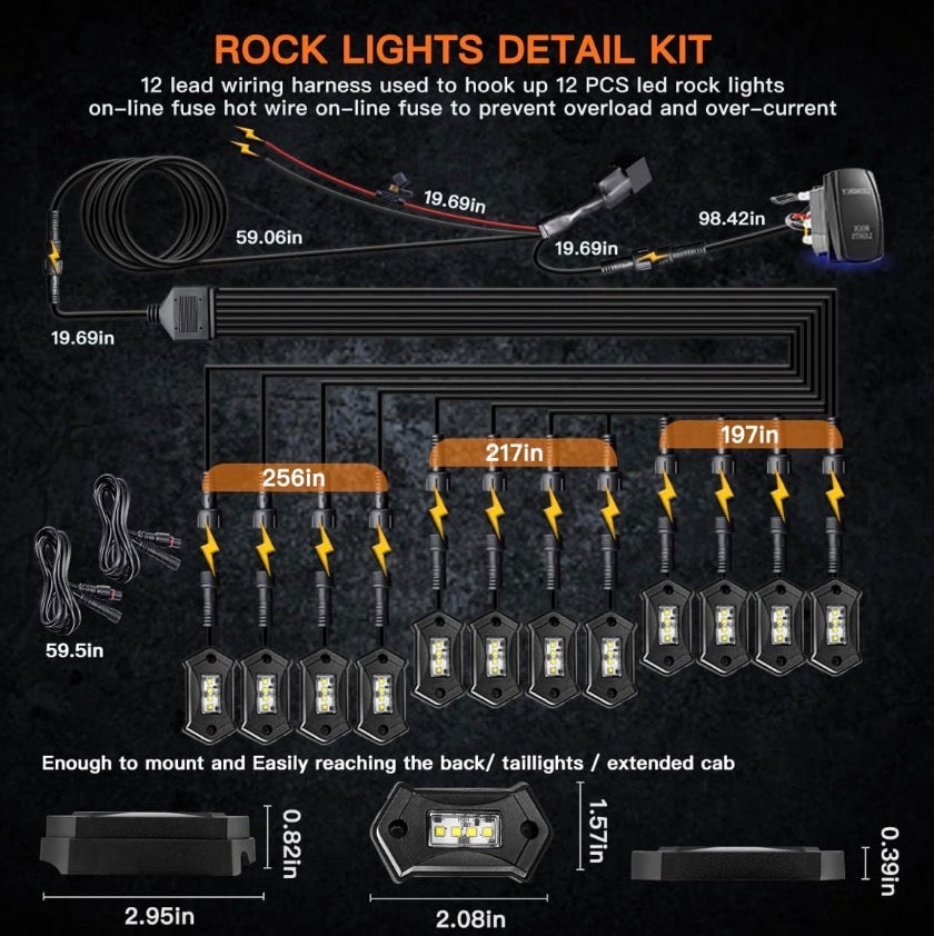LEDMIRCY R3 Pure White Rock Lights Kit with Rocker Switch Wire Harness 12PCS