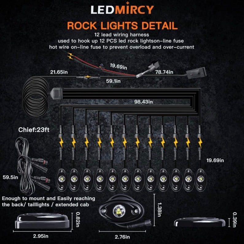 LEDMIRCY R1 White LED Rock Lights Kit 12PCS with Switch