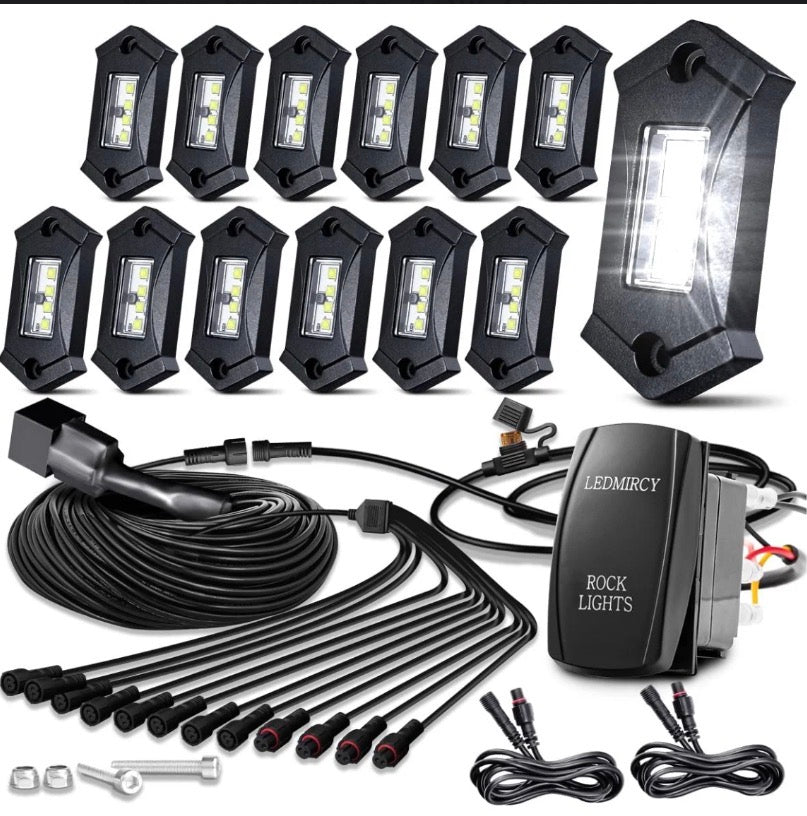 LEDMIRCY R3 Pure White Rock Lights Kit with Rocker Switch Wire Harness 12PCS