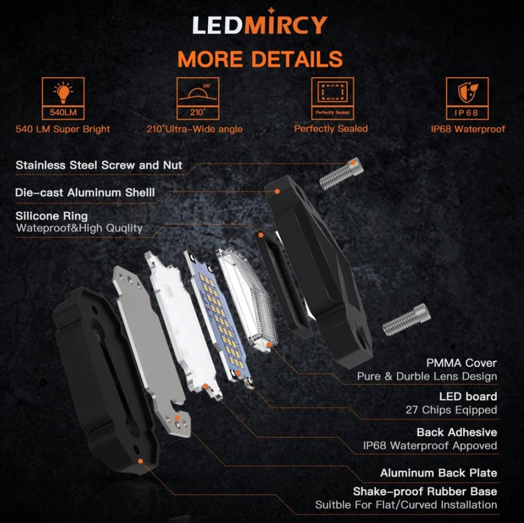 LEDMIRCY R2 Pure White Rock Lights Kit with Rocker Switch Wire Harness 12PCS