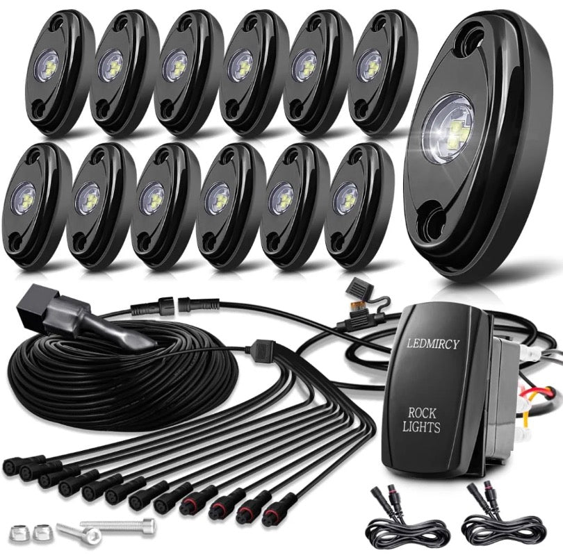 R1 Pure White LED Rock Lights Kit with Rocker Switch Wire Harness 12PCS